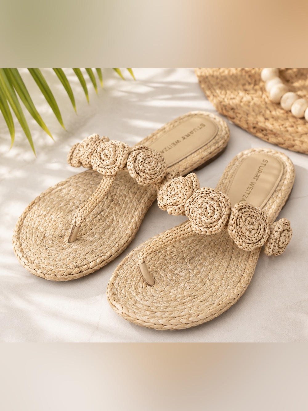 Stuart Weitzman Raffia Rosette Thong Sandals Natural Espadrille Slides Size 10